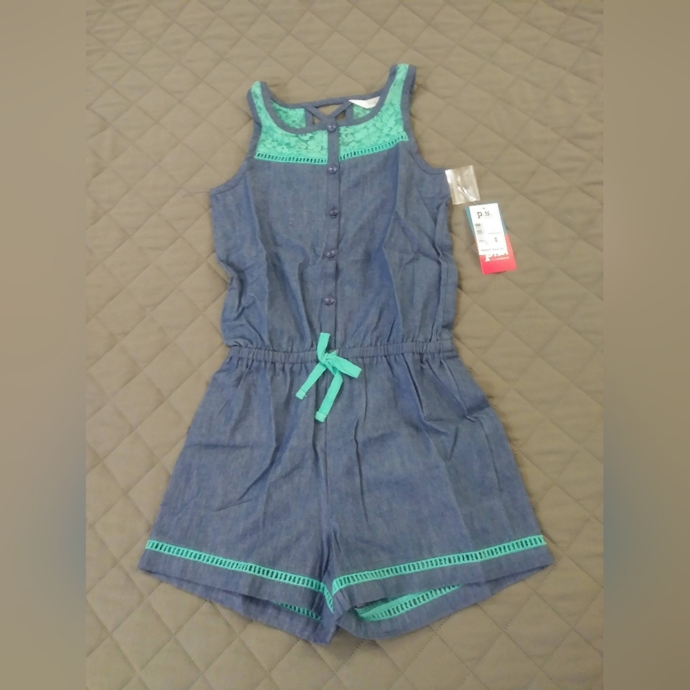 Aeropostale Kids Denim Romper with Teal Details